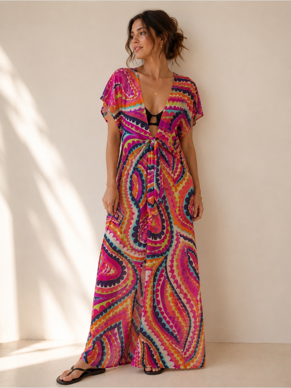 Trina Turk Bright Pink Paisley Maxi Cover-Up with Front Tie